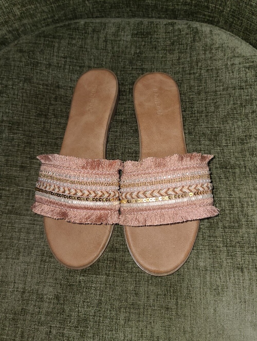 BAMBOO Pink Beaded Fringe Slide Sandals